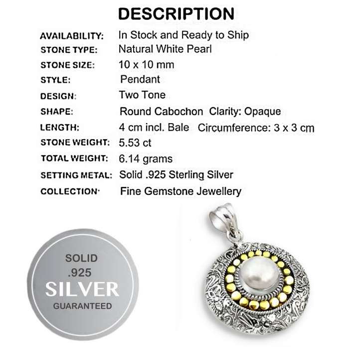 Two Tone Natural White Pearl set in Solid .925 Sterling Silver victorian Style Handmade Pendant