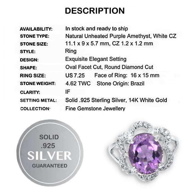 Deluxe AAA Natural Purple Amethyst, White CZ  Solid .925 Silver 14K W/Gold Ring Size 7.25 / O1/2