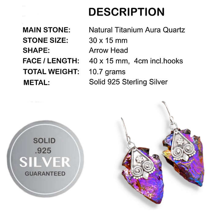 Natural Titanium Aura Quartz Gemstone set in Solid 925 Sterling Silver Earrings