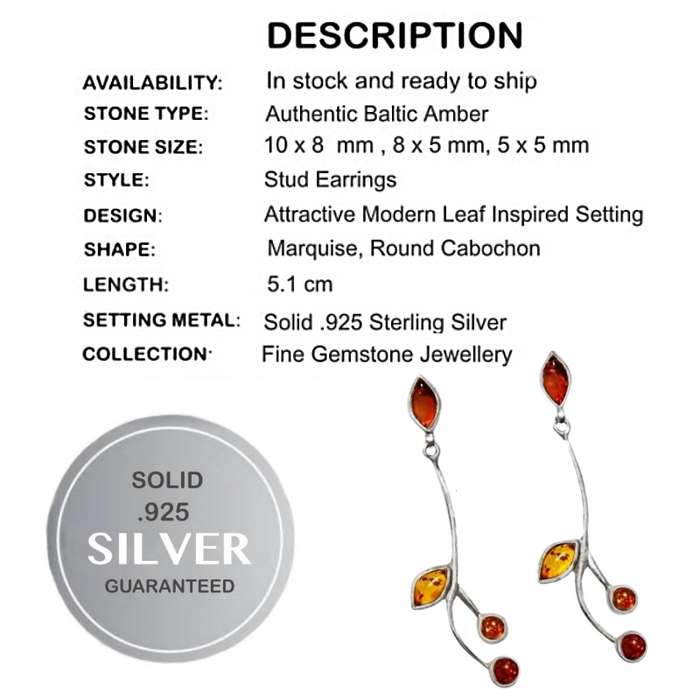 Genuine Baltic Amber set in Solid .925 Sterling Silver Modern Leaf Like Stud Earrings