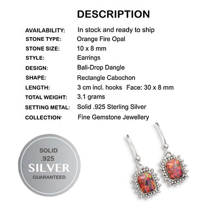 Indonesia -Bali Fire Opal Gemstone set in Solid .925 Sterling Silver Earrings