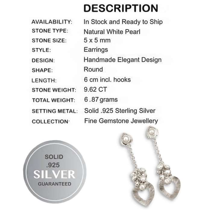9.62 cts Natural White Pearl set in Solid .925 Sterling Silver Drop Dangle Stud Earrings