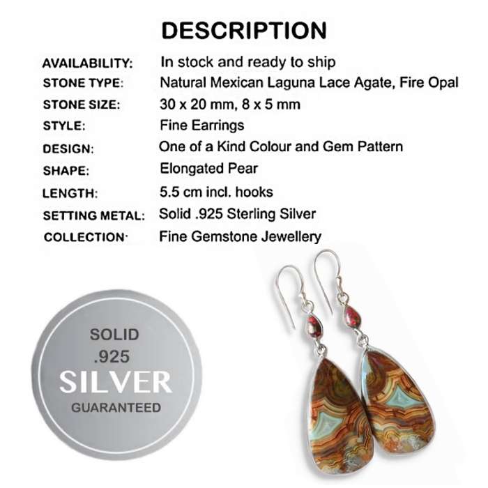 Spectacular Natural Mexican Laguna Lace Agate, Fire Opal Gemstone 925 Silver Earrings