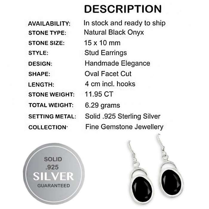Natural Black Onyx Oval Gemstone  set in Solid .925 Sterling Silver Dainty Earrings