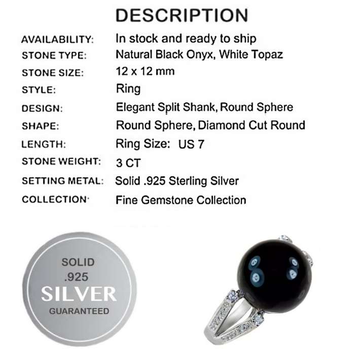 3 Cts Natural Black Onyx and White Topaz set in Solid .925 Sterling Silver Ring Size US 7 / O