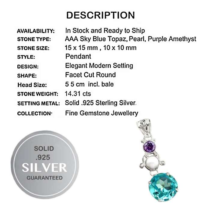 14.31 cts Sky Blue Topaz Pearl and Purple Amethyst Solid set in Solid .925 Sterling Silver Pendant