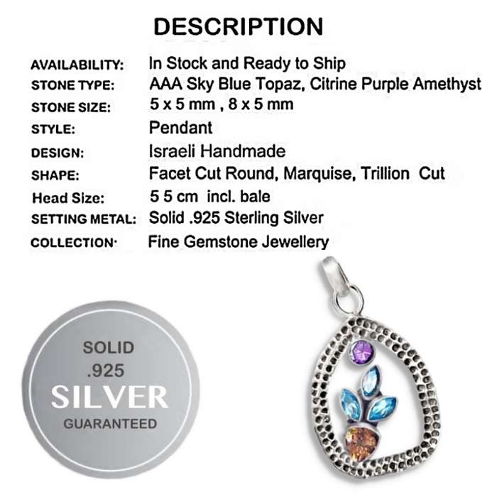 Natural Citrine Blue Topaz and Amethyst Gemstones set in Hammered Solid .925 Sterling Silver Pendant