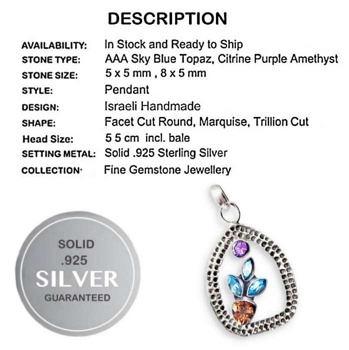 Israeli - Natural Blue Topaz, Amethyst and Citrine set in Solid .925  Sterling Silver Pendant
