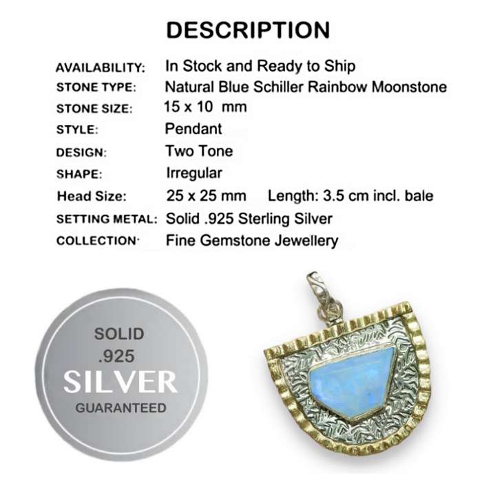 Two Tone Natural Rough Shape Rainbow Moonstone Gemstone set in Solid .925 Sterling Silver Pendant