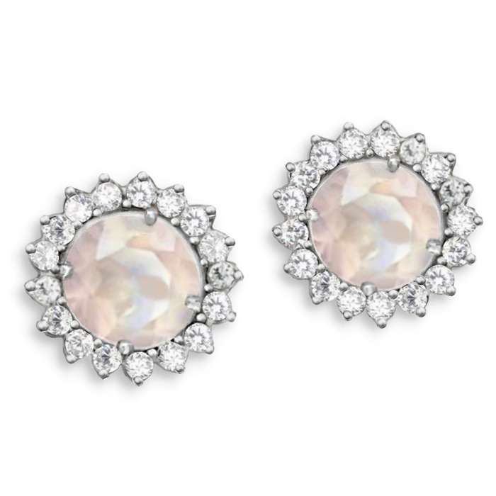 Natural Rose Quartz, AAA White Cubic Zirconia Solid.925 Sterling Silver 14K White Gold Stud Earring