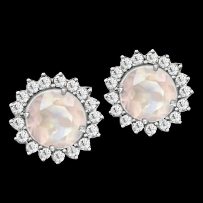 Natural Rose Quartz, AAA White Cubic Zirconia Solid.925 Sterling Silver 14K White Gold Stud Earring