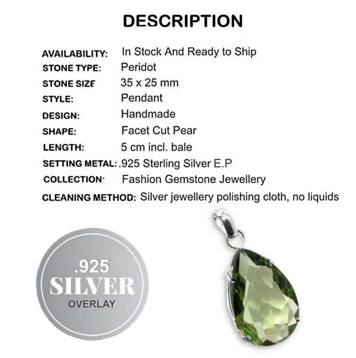 Faceted Peridot Pear Shape set in .925 Sterling Silver Plated Handmade Pendant