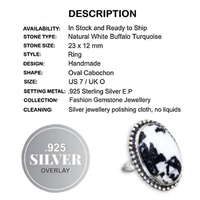 Natural White Buffalo Turquoise Oval Gemstone set in .925 Sterling Silver Plated Ring US 7 / UK O