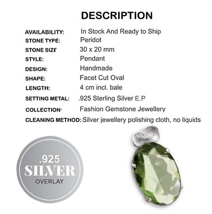 Faceted Peridot Oval Gemstone set in .925 Sterling Silver Plated Handmade Pendant