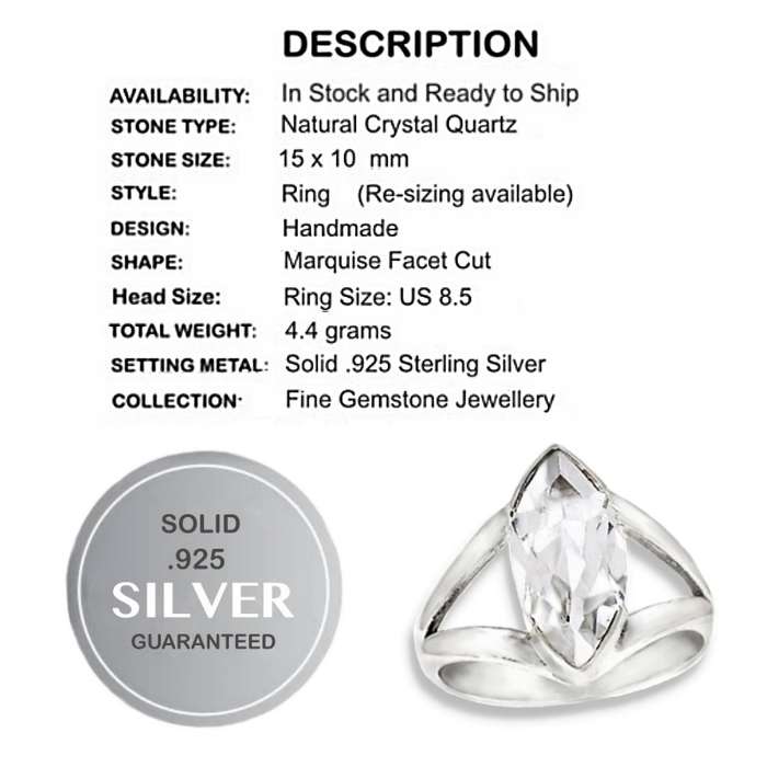 Natural Crystal Quartz Marquise Gemstone in Solid 925 Sterling Silver Ring Size 8.5 or Q1/2