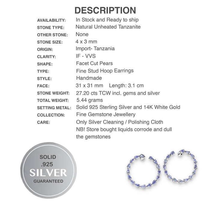 32 Natural Unheated Violet Tanzanite Gemstone Pears in Solid 925 Sterling Silver 14K W/Gold Earrings