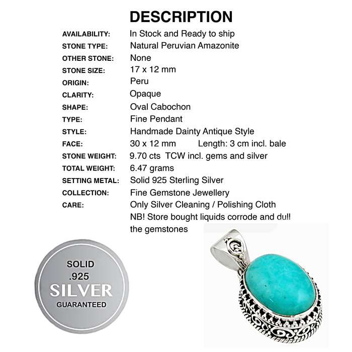 Natural Peruvian Aqua Green Amazonite Oval Gemstone Solid .925 Sterling Silver Pendant
