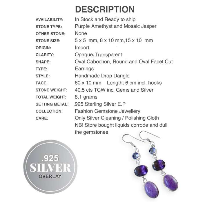 Purple Amethyst and Mosaic Jasper Mixed Shapes set in 925 Sterling Silver Plate Drop Dangle Earrings