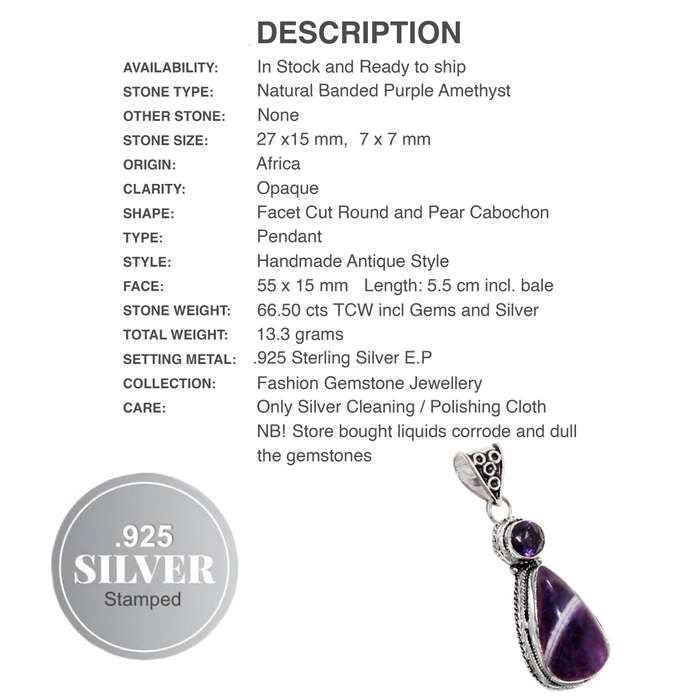 Natural Purple Banded Amethyst Gemstone set in .925 Sterling Silver Plated Antique Style Pendant