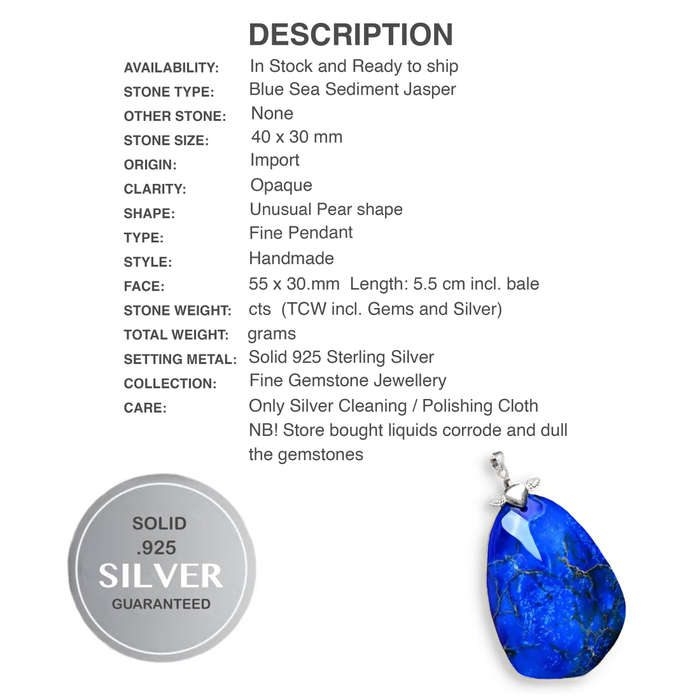 Handmade Blue Sea Sediment Jasper Pear Shape attached to a Solid 925 Sterling Silver Bale Pendant