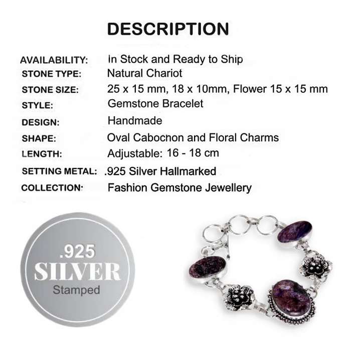 Natural Charoite Oval Gemstone with Floral Charm  925 Silver Plated Handmade Bracelet