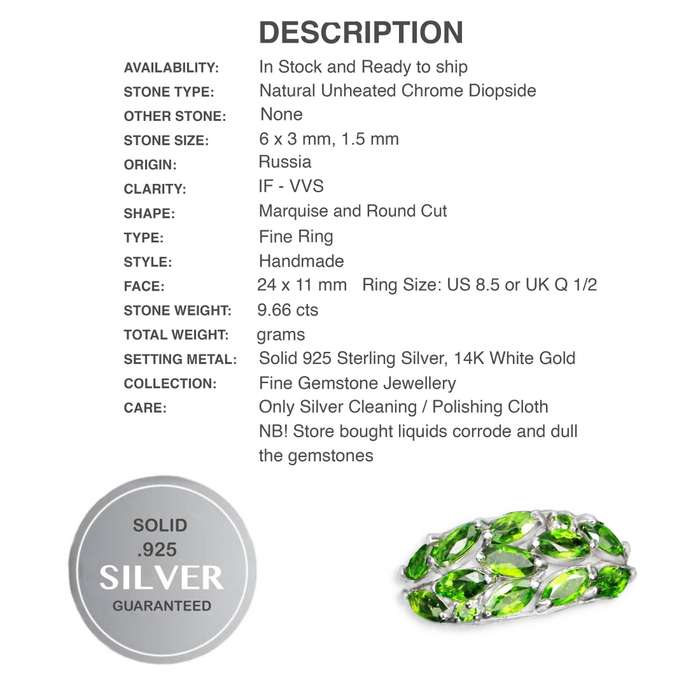 Natural Chrome Diopside Mixed Shape Gemstones Solid .925 Sterling Silver 14K White Gold Sz 8.5