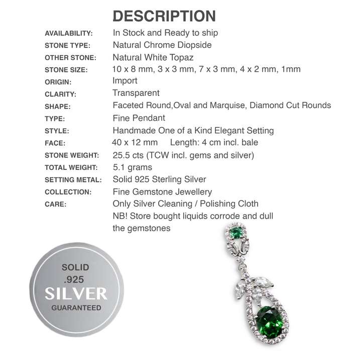 9.31 Cts  Natural Chrome Diopside and White Topaz In Solid .925 Sterling Silver Pendant