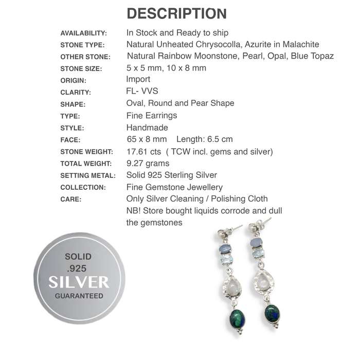 Natural Chrysocolla, Malachite, Moonstone, Azurite Gemstone Solid. 925 Sterling Silver Earrings