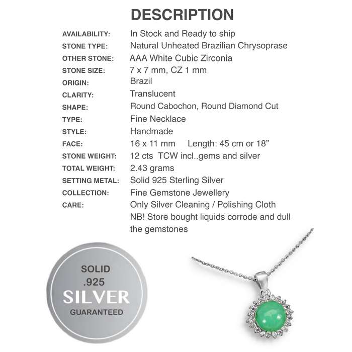 Natural Unheated Brazilian Chrysoprase & White CZ Gemstone in Solid. 925 Silver 14K White Gold Neckl