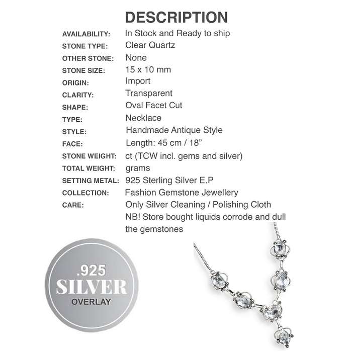 Clear Quartz Ovals set in .925 Sterling Silver Plated Handmade Antique Style Necklace