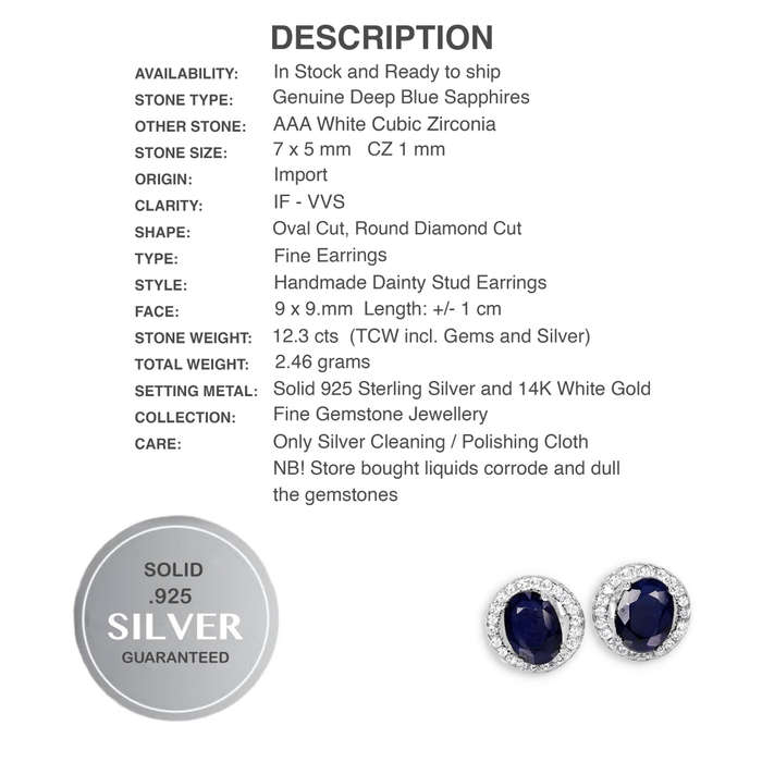 Genuine Deep Blue Sapphire and White CZ set in Solid .925 Sterling Silver 14K W/Gold Stud Earrings