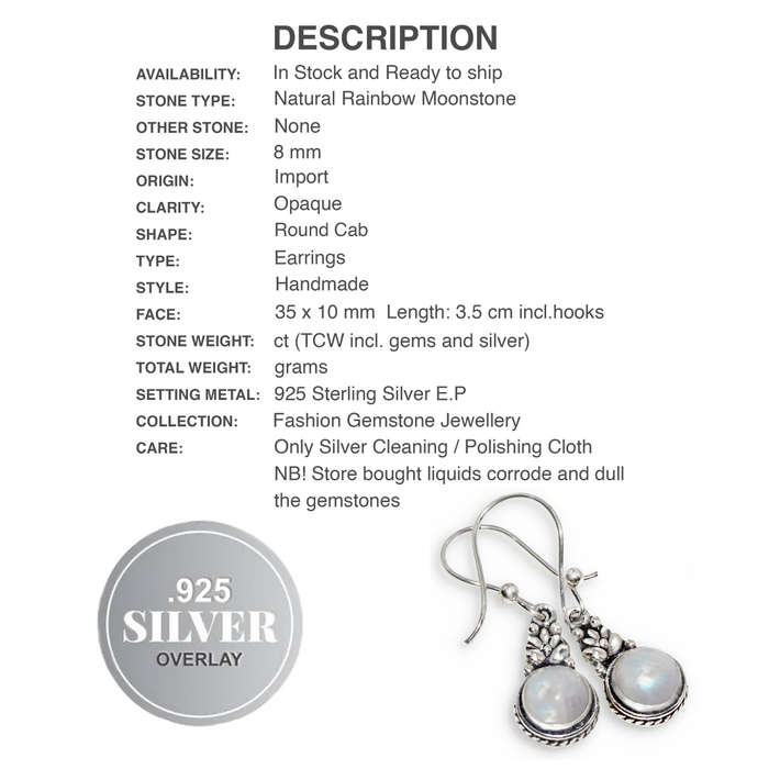 Natural Round Rainbow Moonstone Gemstone set in .925 Sterling Silver Plated Dainty Earrings