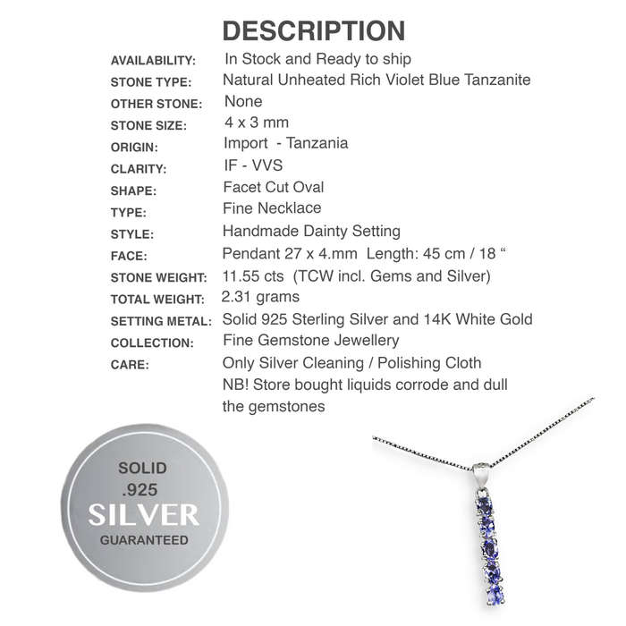 5 Dainty Natural Unheated Tanzanite Oval Gemstones set in Solid .925 Silver & White Gold Necklace
