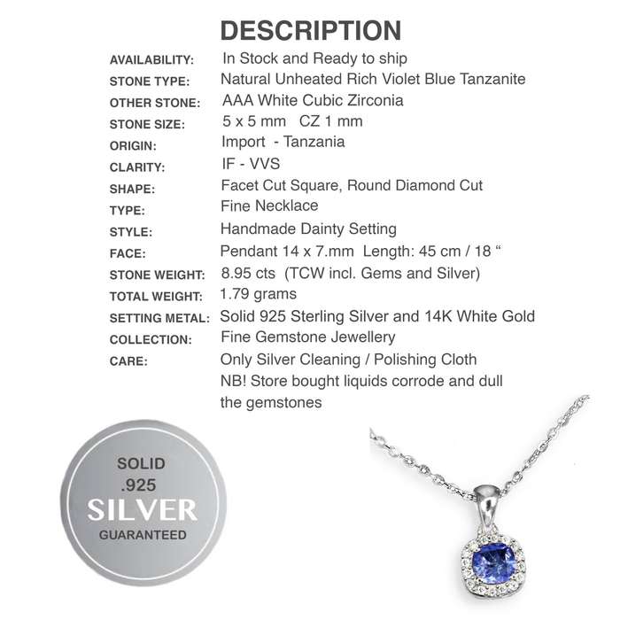 Dainty Natural Unheated Tanzanite Square and White CZ set in Solid .925 Silver & White Gold Necklace