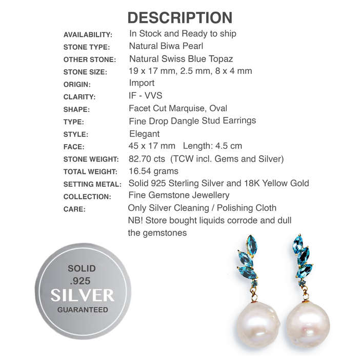 Natural Biwa Pearl Swiss Blue Topaz set in Solid .925 Sterling Silver 18K Yellow Gold Earrings