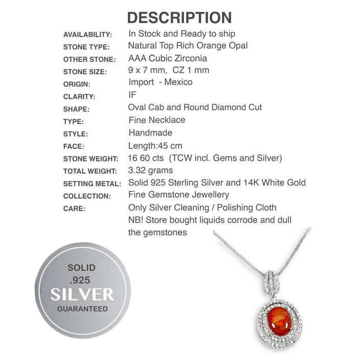 Natural Top Rich Mexican Orange Opal & White Cubic Zirconia Solid .925 Sterling Silver Necklace