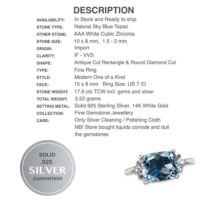 Deluxe Natural Sky Blue Topaz White CZ Solid .925 Sterling Silver Size 7 OR O