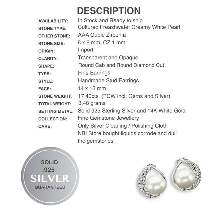 Natural Cultured Freshwater White Pearl, White CZ set in Solid .925 Sterling Silver Stud Earrings