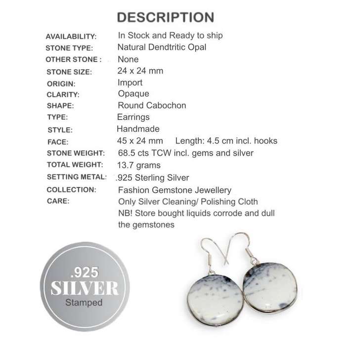 Natural Dendritic Opal Round Gemstone set in 925 Sterling Silver Plated Handmade Earrings