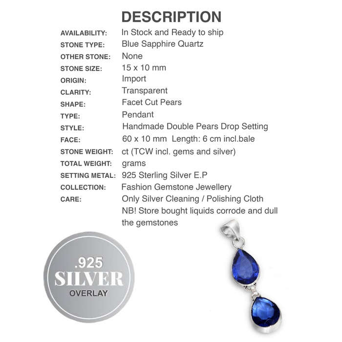 Sapphire Blue Quartz Simulated Double Pear Shape 925 Sterling Silver Plated Handmade Pendant