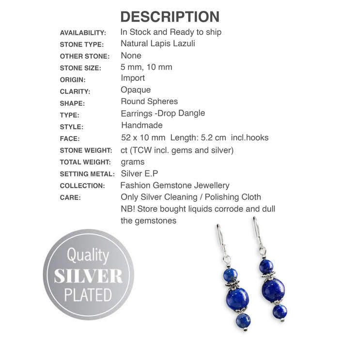Natural Lapis Lazuli Oval Shape Gemstone Silver Plated Handmade Earrings