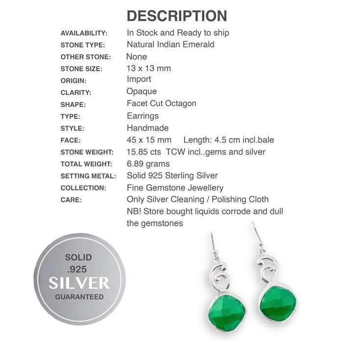 Natural Indian Emerald Facet Cut Gemstone set in Solid .925 Sterling Silver Earrings
