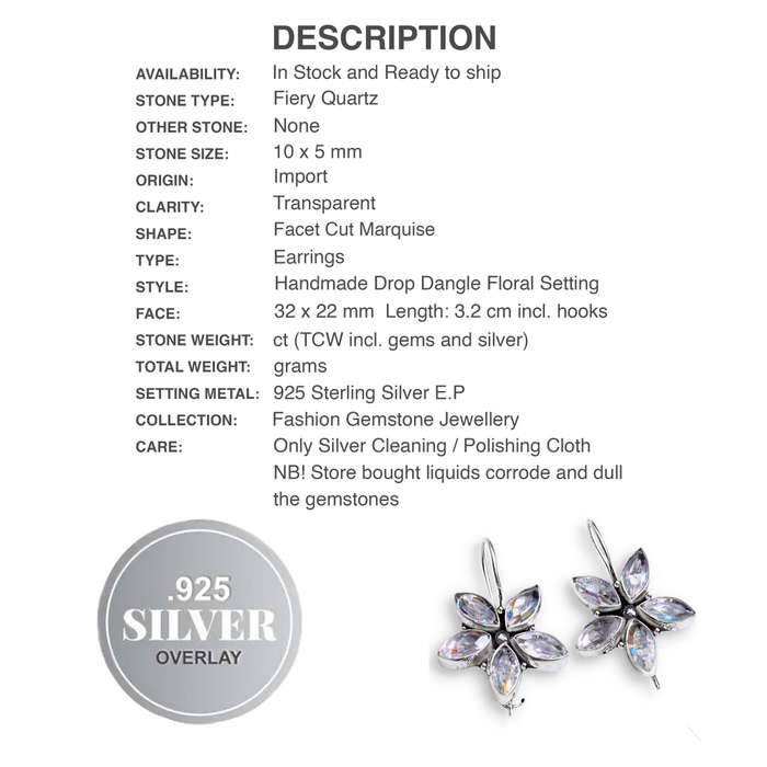 Fiery Quartz Marquise Facet Cut set in .925 Sterling Silver Plated Floral Setting Earrings