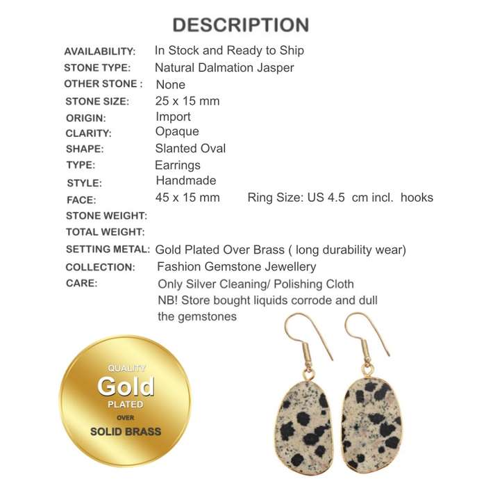 Natural Dalmation Jasper Gemstone set in Gold Plating over Brass Earrings