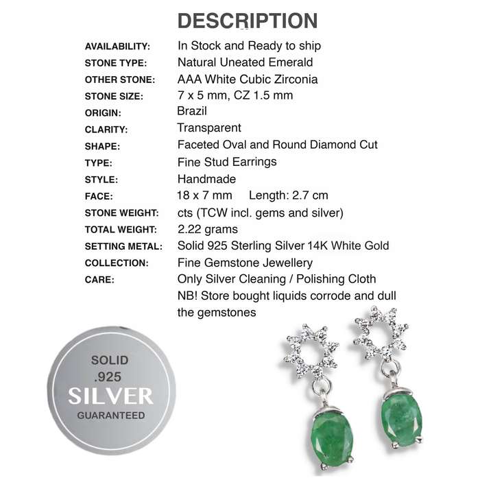 Natural Unheated Brazilian Emerald White CZ set in Solid 925 Sterling Silver 14k White Gold Earrings