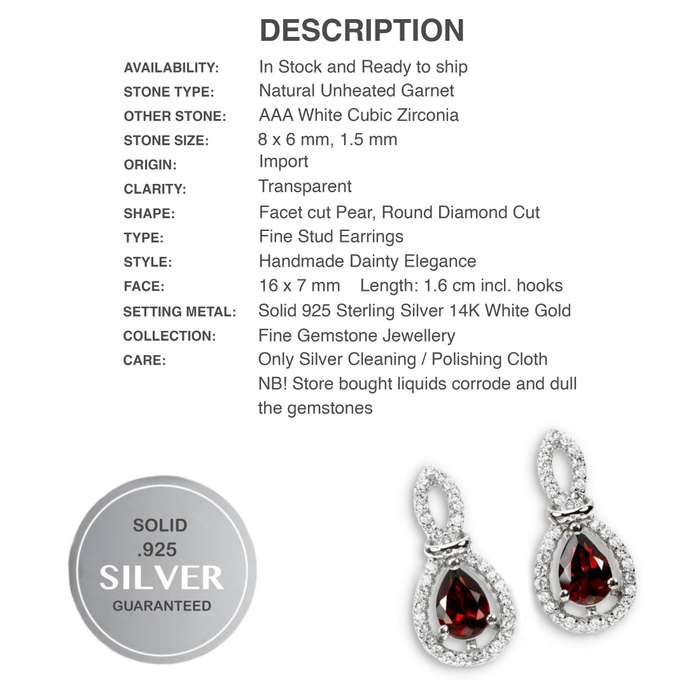 Natural Deep Red Garnet AAA White CZ Gemstone in Solid .925 Sterling Silver 14K W/Gold Earrings