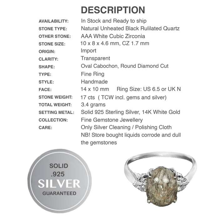 Natural Black Rutilated Quartz White CZ in Solid .925 Sterling Silver 14K White Gold Ring Sz US 6.5