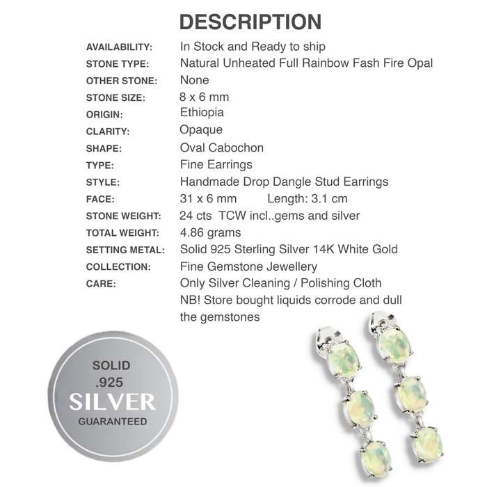 Deluxe Natural Unheated Full Rainbow Fire Opal Gemstone  925 Sterling Silver 14K White Gold Earrings