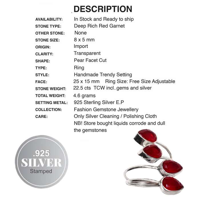 Handmade Trendy Garnet set in .925 Sterling Silver Ring Plated Free Size Adjustable