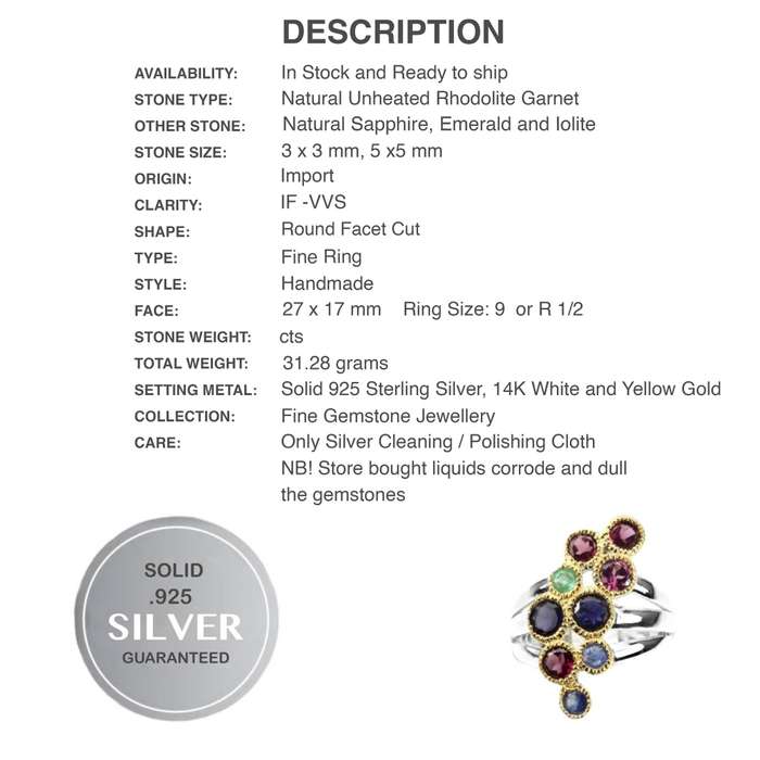 Natural Iolite, Emerald Garnet Sapphire Two Tone Solid .925 Sterling Silver Ring Size 9 or R 1/2